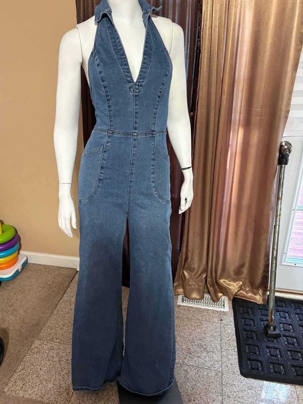 We The Free Blue Denim Halter Wide-Leg Overalls